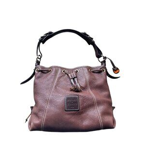 Vtg Dooney & Bourke Pebble Grain Drawstring Hobo Bag Brown Leather Bucket Purse